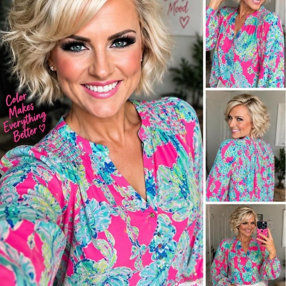 Lilly Pulitzer 41773 100% Silk Floral Blouse Pink Blue Resortwear Top Medium